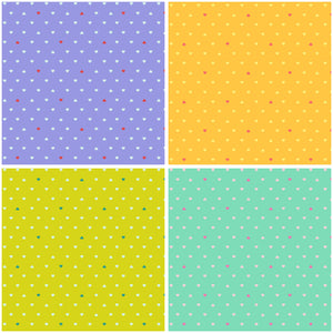 Small white love hearts across bright purple orange lime green backgrounds Tula Pink Besties XLN PWTP221