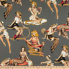 blonde woman dressed in lingerie western style nursing outfit evening dress' cleaning attire posing on fences cushions blankets in muted greens pinks yellows reds black and grey  8431E