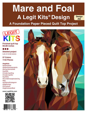 Mare and Foal  depicted as pieced for sewers using paper piecing in colours of brown blue green cream black  Legit kits