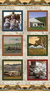 six framed pictures two with sheep awaiting shearing one with a red cattle dog atop sheep three with shearing sheds in them on a background of brown toning green paddock among gum trees KK Fabric 0142Q