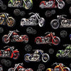 Red Green Black Blue Grey low rider motorbikes on a black cotton fabric background
