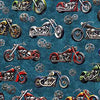 Red Green Black Blue Grey low rider motorbikes on a teal blue cotton fabric background