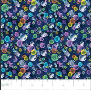 Bubbles bright green red yellow purple pink blue orange white background dark blue ocean pattern 21230107J-01