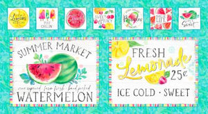 Variety of yellow lemons green pink red watermelons on a tie dyed green background with black writing  PB5030PA