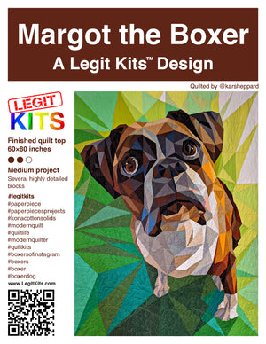Boxer dog depicted as pieced for sewers using paper piecing in colours of green brown grey blue pink cream yellow Legit kits
