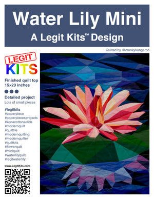 Floating flower named water lily mini shades of pink red orange yellow leaf green reflection in purple background blues quilt top foundation paper pieced legit kits