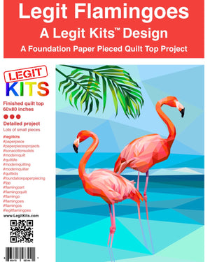 animated picture of Flamingo's depicted as pieced for sewers using paper piecing in colours of pink blue green aqua Legit kits