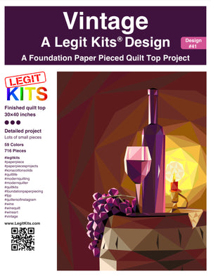 Wine bottle glass candle Grapes on a barrell depicted as pieced for sewers using paper piecing in colours of purples browns yellows reds  Legit kits