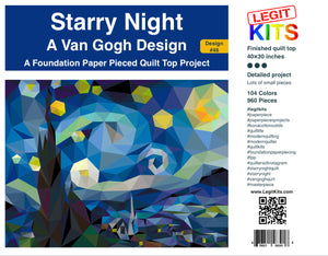 Van Gogh inspired design named starry night in shades of blue yellow green brown quilt top foundation paper pieced legit kits