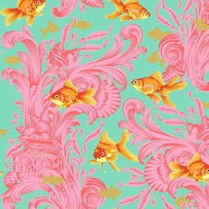 Goldfish orange yellow swimming through weeds shells treasure chests snails pink red background of aqua Tula Pink Besties XLN PWTP214