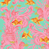 Goldfish orange yellow swimming through weeds shells treasure chests snails pink red background of aqua Tula Pink Besties XLN PWTP214