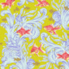 Goldfish orange yellow swimming through weeds shells treasure chests snails white purple background of mustard yellow Tula Pink Besties XLN PWTP214