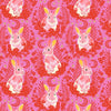 Rabbits bunnies pink white yellow sitting peering amongst red bushes flowers leaves moon stars on pink background Tula Pink Besties XLN PWTP215