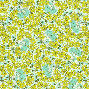 Green hamsters hiding in mustard yellow flowers on aqua background Tula Pink Besties XLN PWTP218