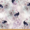 Fabric with Ostrich with rainbow coloured baseball cap, stockings and basketball shoes with a background of etched palm tree three rainbow coloured small birds on a mauve white stencilled leaf 