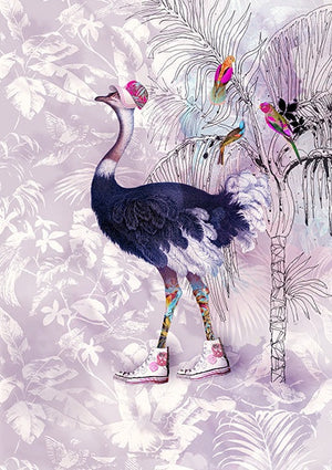 Fabric panel with Ostrich with rainbow coloured baseball cap, stockings and basketball shoes with a background of etched palm tree three rainbow coloured small birds on a mauve white stencilled leaf 
