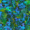 Neon bright green blue purple aqua blue yellow leaves flowers branches amalgamated in crowed jungle neon leopard hiding RK2196969 Robert Haufman