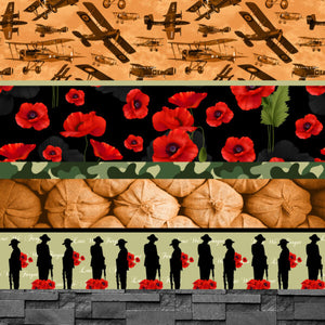 ANZAC war montage striped fighter planes pilots poppies camouflage sandbags soldier silhouettes bricks brown green white black red green grey 3095C