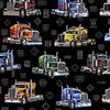 yellow orange green blue Truck with flame decals on their sides printed on a black cotton fabric 