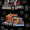 Large yellow orange green blue Truck with flame decals on their sides printed on a black cotton fabric 