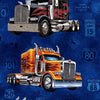Large detailed yellow orange  black Truck with flame decals on their sides printed on a blue cotton fabric 