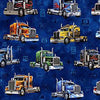 yellow orange green blue Truck with flame decals on their sides printed on a blue cotton fabric 