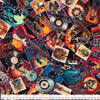 red teal blue black cream electric acoustic Guitars surrounded in framed singer skeleton stances with backgrounds of flowers skulls sunsets cassettes vw combi vehicle on a black cotton fabric 