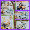 Baby Zebra Giraffe Lion Gorilla Elephant driving safari cars painted in water colours blue orange yellow brown grey black white printed border dark brown tyre tracks  Devonstone Collection DV6138