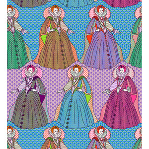 Young Queen monarch Victorian era bright orange pink purple green blue patterned backgrounds 9037A