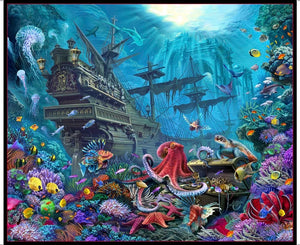 Sunken ship at sea lost city treasure chest sharks fish octopus lion fish turtle coral starfish stingray blue green grey white red orange brown yellow purple XLN 29919-X