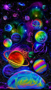 Planets of different sizes in various bright colours of yellow green blue orange red purple surrounded by the milkyway tiny stars and black holes all set against a pitch black background TTCD1990