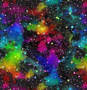 Various coloured small stars and tiny white stars scattered against rainbow coloured milkway clouds set on black background  TTCD1993