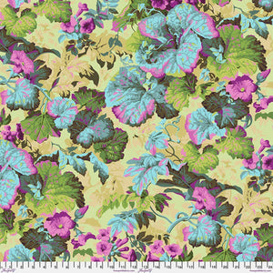 Leaves with tubular shaped flowers in colours of luminesce grey blue pink cream brown by Kaffee Fassett PWPJ013Mist 