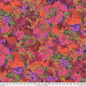 Leaves with tubular shaped flowers in colours of luminesce red pink green brown by Kaffee Fassett PWPJ013Rust 