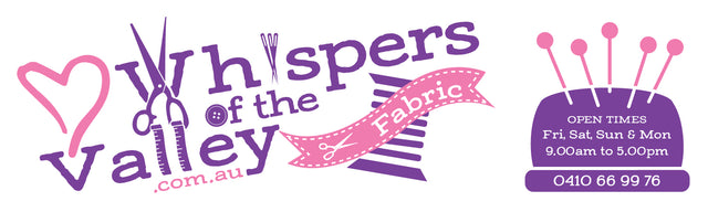 Whispers of the Valley Fabric Logo with Sewing Scissors, Needles, Pincushion, Pins, Heart, Ribbon, Cotton Reel