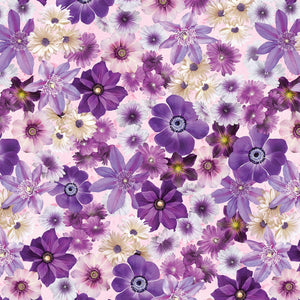 Variety of purple coloured flowers on a pale pink cotton fabric 12909.21.101623