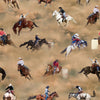 Bucking Horses in colours of white pinto black brown brindle with riders colours of red shirts blue jeans white and black hats  background of plumes of brown dust clouds racing around barrels 1150.01 fabric