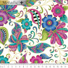 Paisley Metallic print on white fabric featuring flowing flowers leaves in colours of pink blue green teal purple etched with gold 2020.0709 White