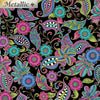 Paisley Metallic print on black fabric featuring flowing flowers leaves in colours of pink blue green teal purple etched with gold 2020.0712 Blk