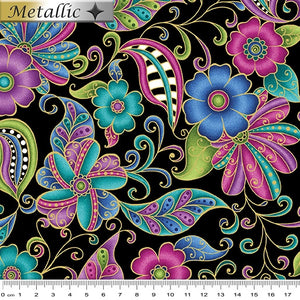 Paisley Metallic print on black fabric featuring flowing flowers leaves in colours of pink blue green teal purple etched with gold 2020.0712 Blk
