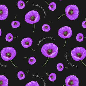 Purple Poppies green centres stems white writing remembering the animals of war on a black background  7117AJ