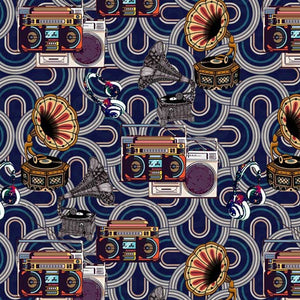 Music Gramophone colour grey, yellow, black, brown, Cassette Deck colour pink, blue, grey, orange, cream, white, black, headphones colour white, sparkle pink, purple, green, white, black, blue with a wavy retro feel background on cream white, blue, and black. 1003.193D