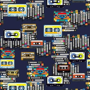 Retro Music Tapes brightly coloured in yellow, blue, red, black, brown, gold, green on a navy blue background – 1003.194C