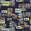 Retro Music Tapes brightly coloured in yellow, blue, red, black, brown, gold, green on a navy blue background – 1003.194C
