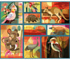 Panel featuring Australian Native indigenous  animals, kangaroo, Cockatoo, Kookaburra, Koala, Platypus, Echidna. Uluru, Ayers Rock, Boab Tree in bright colours of orange, brown, pink, white, yellow, green, blue, grey, black and red