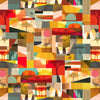 Cotton Fabric featuring Australian Native indigenous  animals, kangaroo,  Cockatoo, Echidna, Uluru, Ayers Rock, Boab Tree in bright colours of orange, brown, pink, white, yellow, green, blue, grey, black and red, geometric squares, triangles, rectangles 