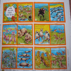 Book Panel for counting to 1 - 10 featuring Australian Native indigenous  animals, kangaroo, Tasmanian Devil, Dolphins, Cockatoo, Wombat, Kookaburra, Koala, Platypus, Echidna in bright colours of orange, brown, pink, white, yellow, green, blue, grey, black and red
