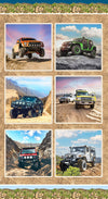 4WD vehicles on various surfaces in colours of orange green yellow red white black on a framed background of rocks grass with foreground of sky 2034B