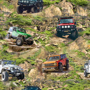 4WD vehicles on traversing rocks vehicles  in colours of orange green yellow red white black  2034D