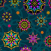 Mandala like effect in shape of stars Circles within circles gold etched trim Dark teal Cotton with metallic background featuring Purples, Teal Greens fuchsia pink, cobalt blue and orange Talismans - 52682M-4